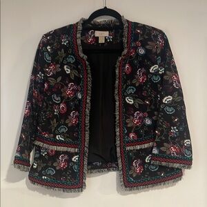 LOFT Black Floral Blazer with Red and Blue Accents